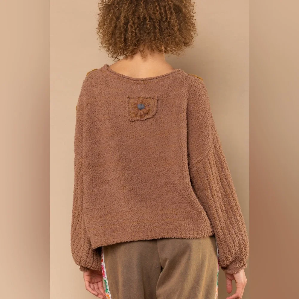 POL Patch Flower Chenille Sweater | Brown Daisy Knit Pullover - Picture 2 of 5